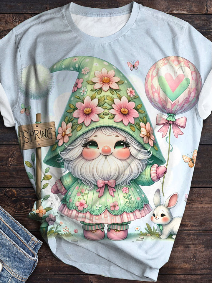Spring Gnome Print Short Sleeve Crew Neck T-Shirt