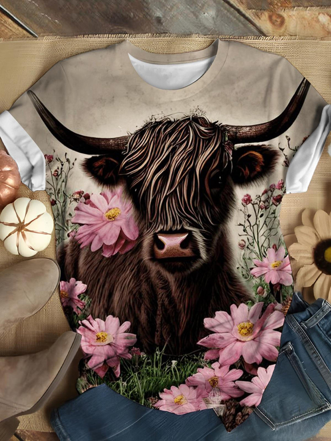 Women's Retro Floral Cow Print Top