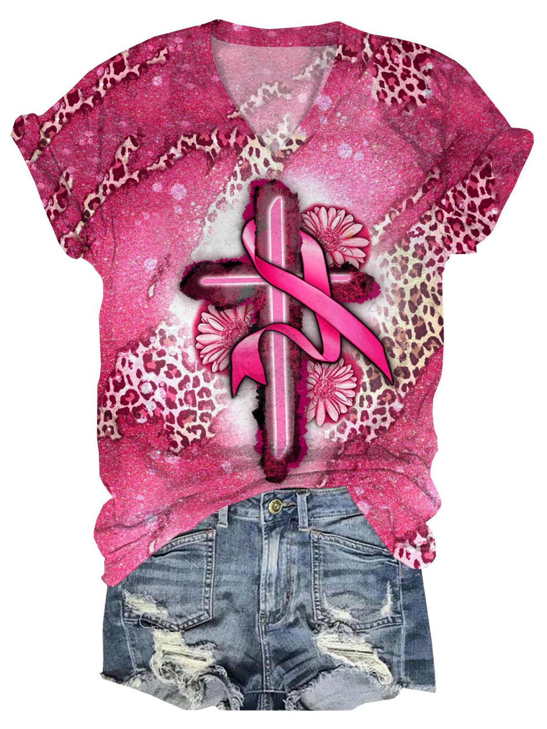Breast Cancer Ribbon Floral Cross V Neck T-Shirt