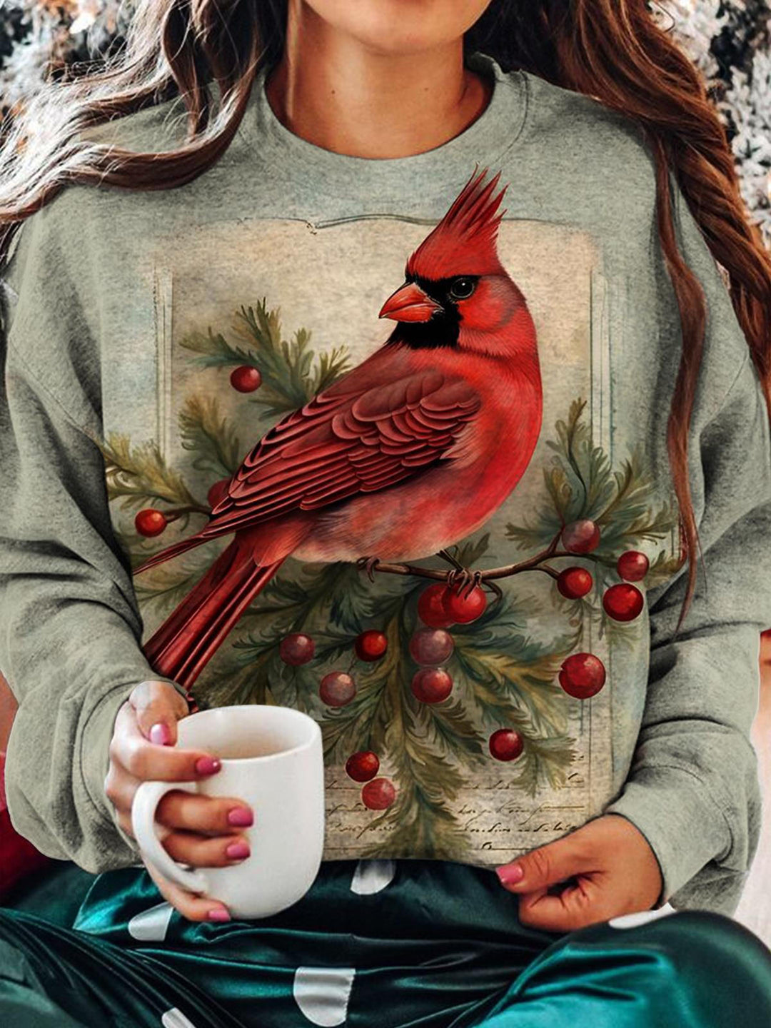 Women's Cardinal Bird Print Long Sleeve Top