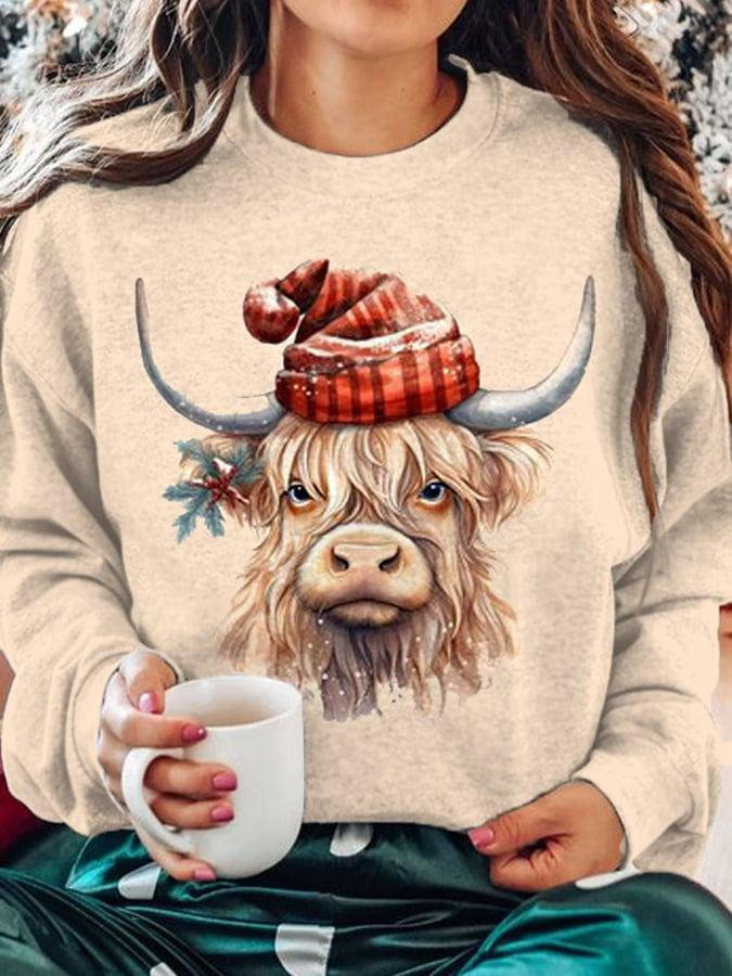 Christmas Cute Highland Cow Print Casual Top