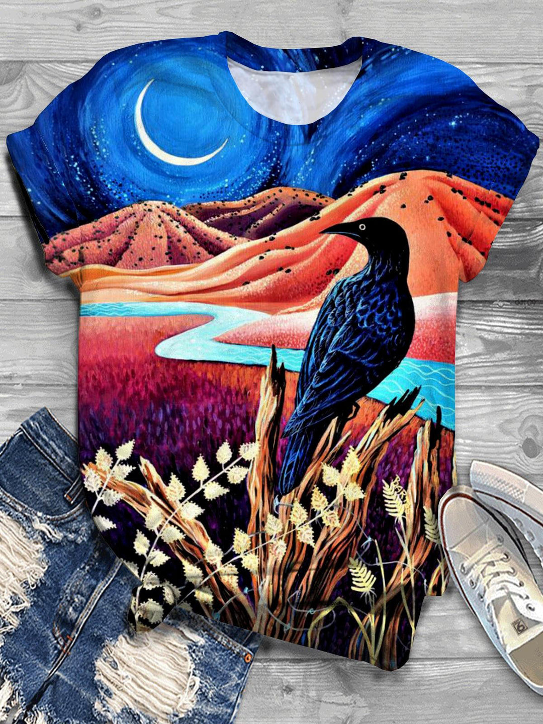 Crow Starry Sky Moon Crew Neck T-shirt