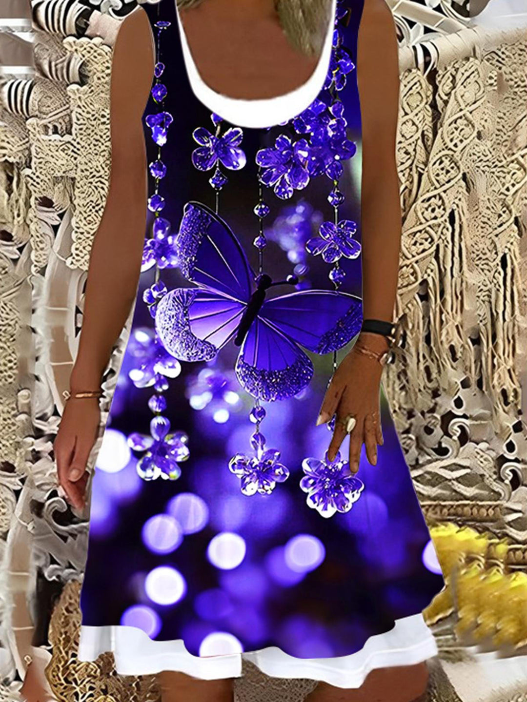 Women's Purple Butterfly Print False Two Dress