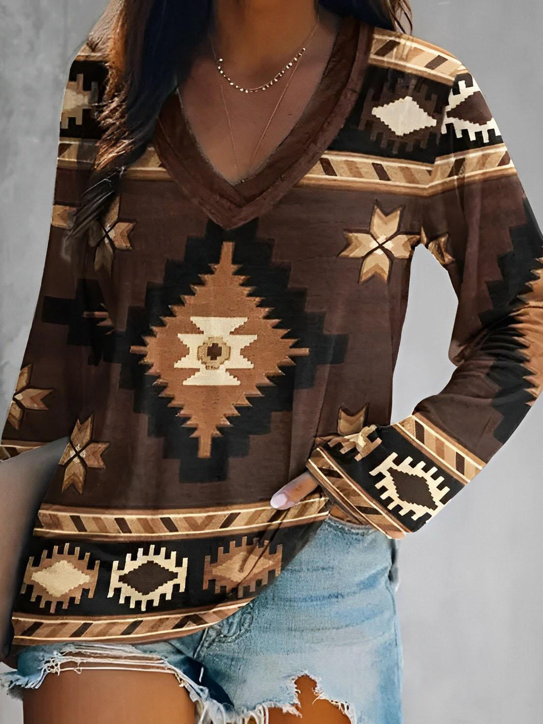 Aztec Geometric Print Long Sleeve Top