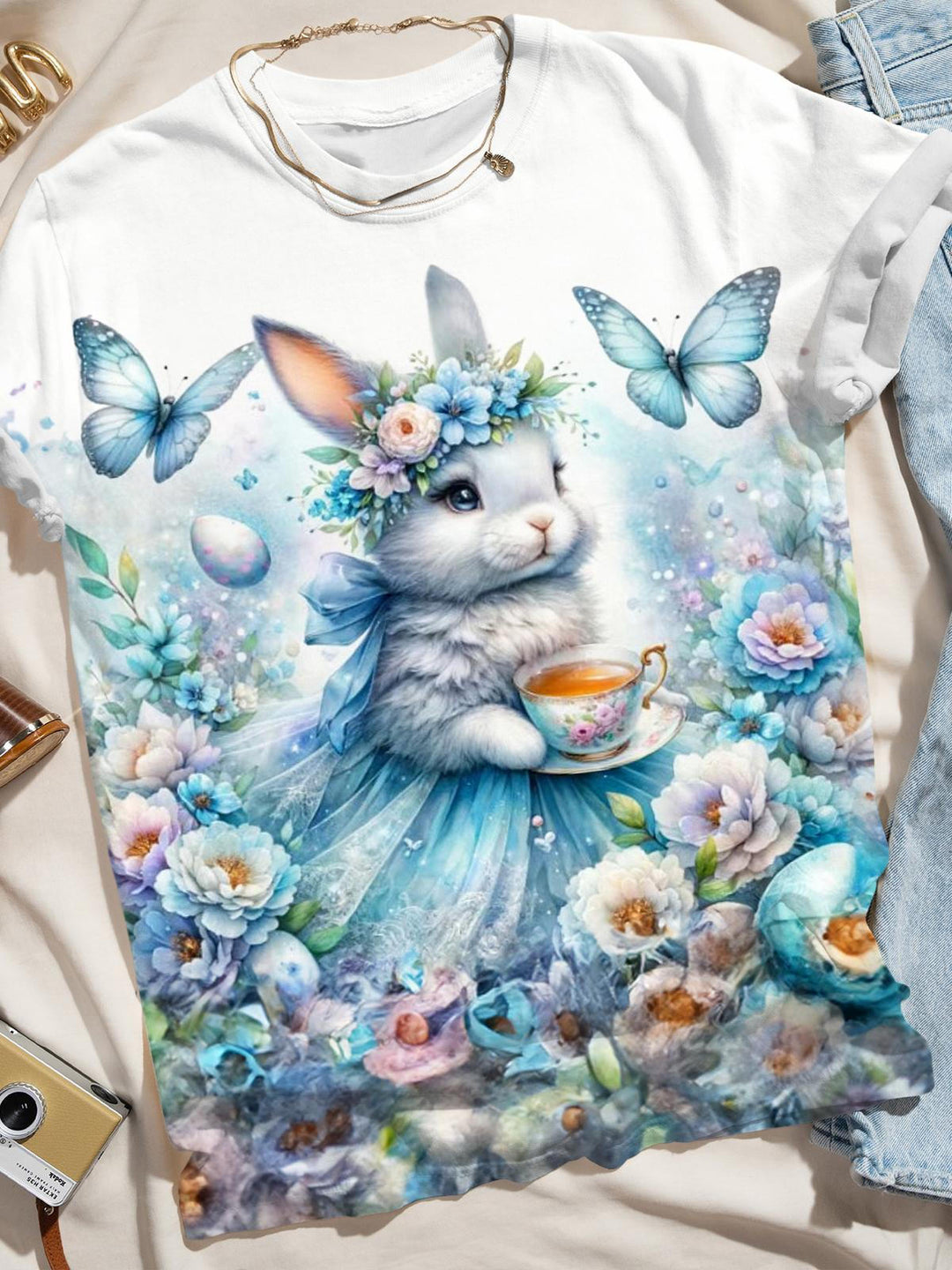 Blue Butterfly Bunny Crew Neck T-shirt