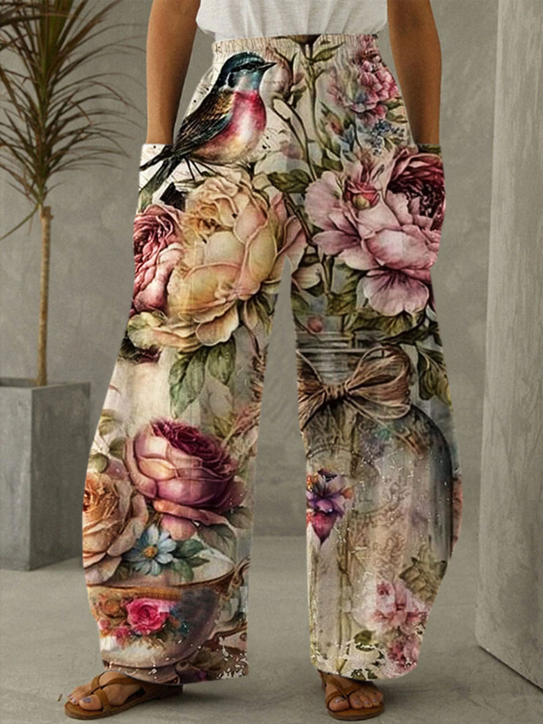 Vintage Floral Print Casual Pants