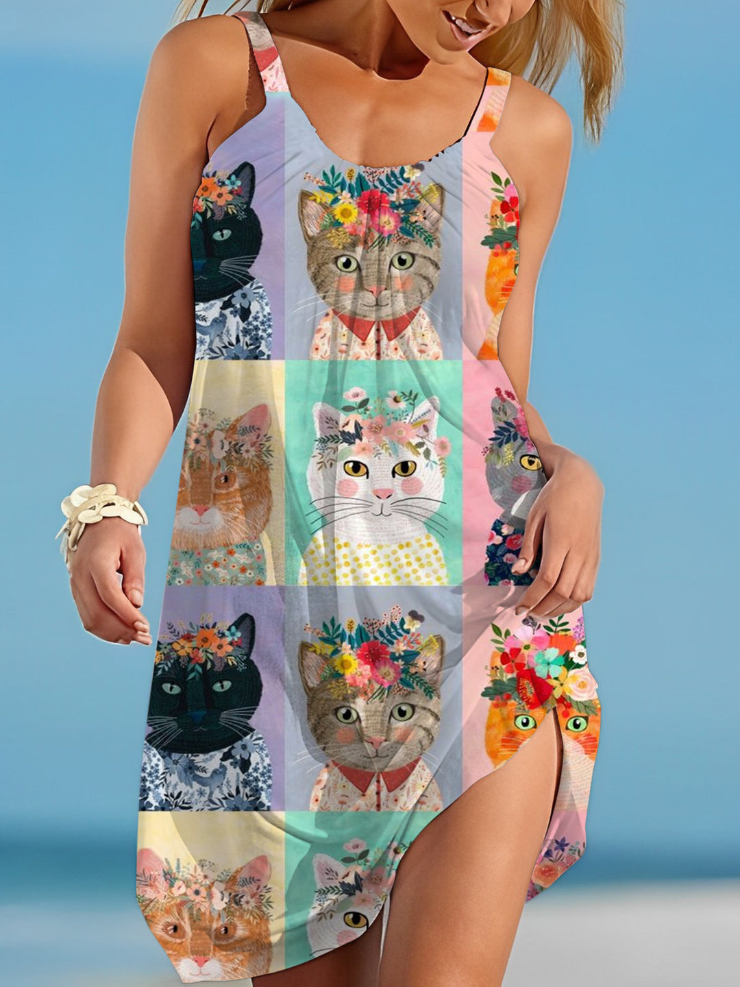Women's Floral Cat Print Beach Dress