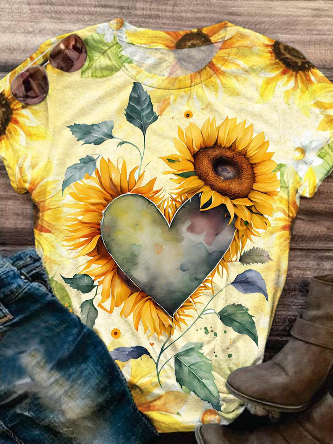 Heart Sunflower Print Casual Top