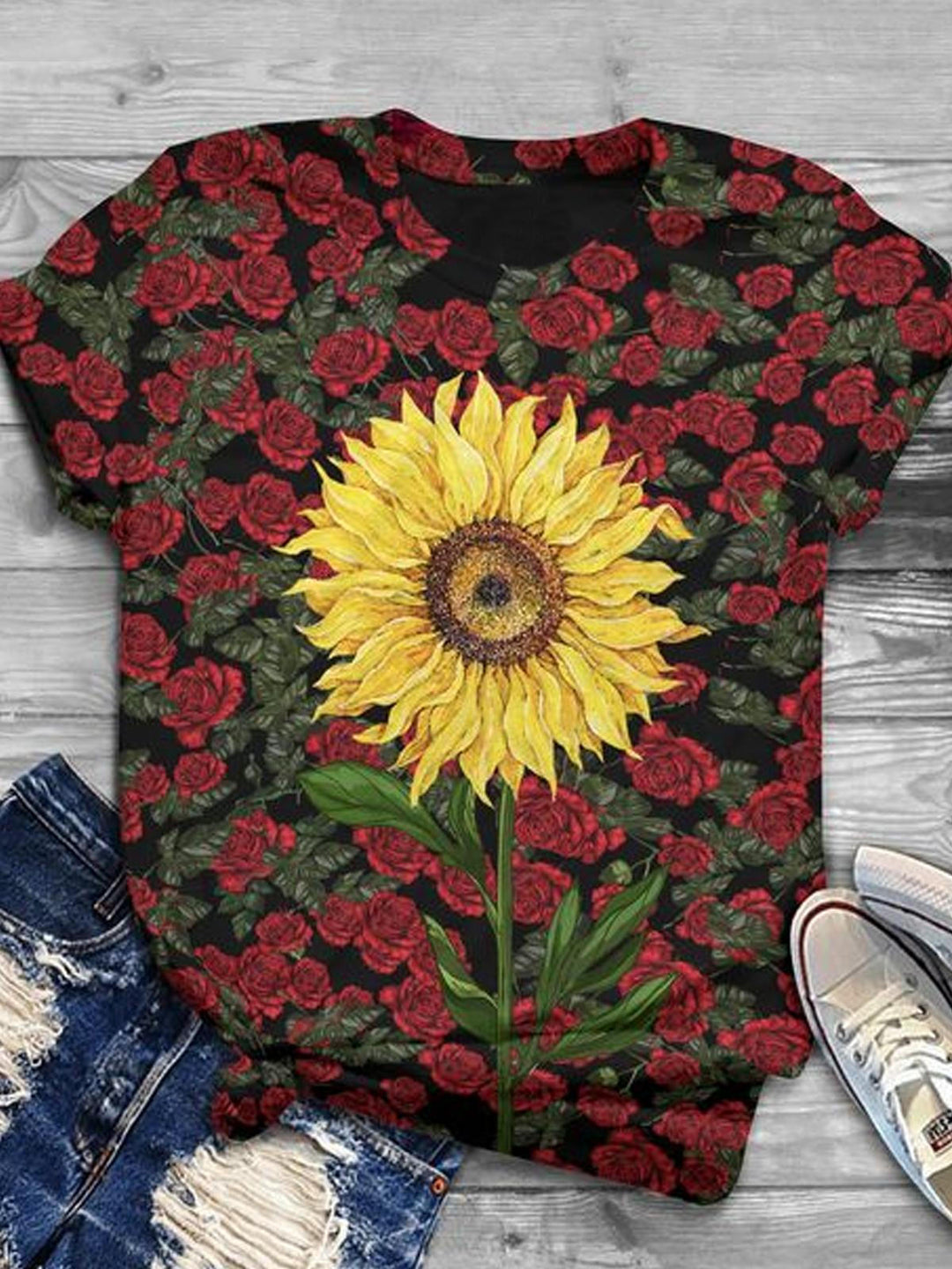 Sunflower Rose Crew Neck T-shirt