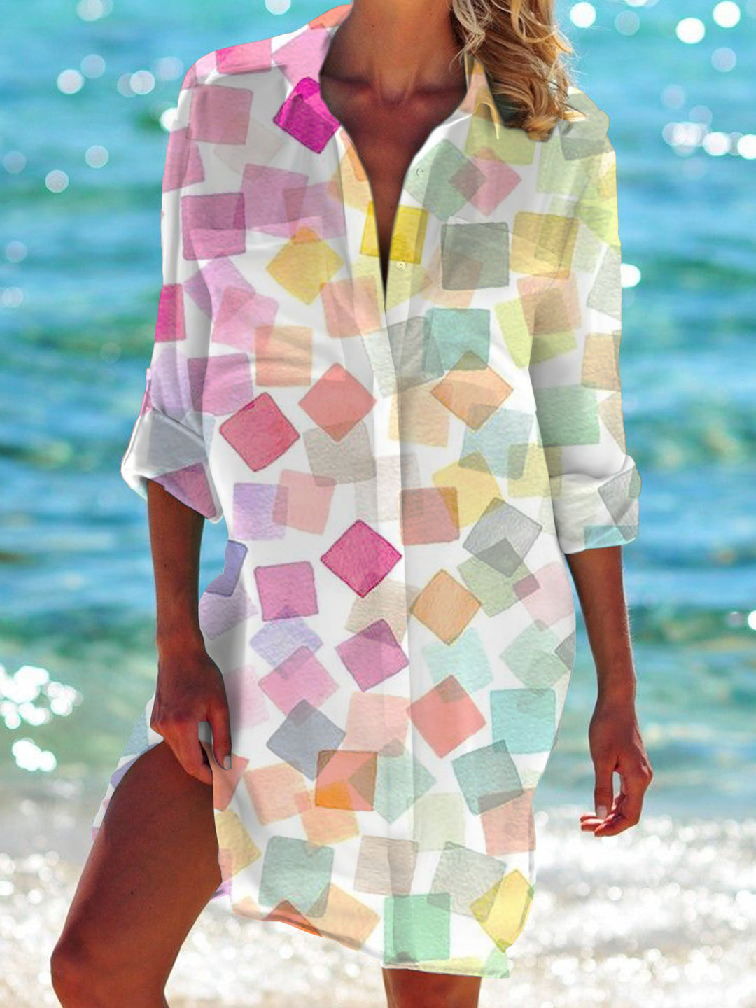 Gradient Geometry Long Sleeve Beach Shirt Dress