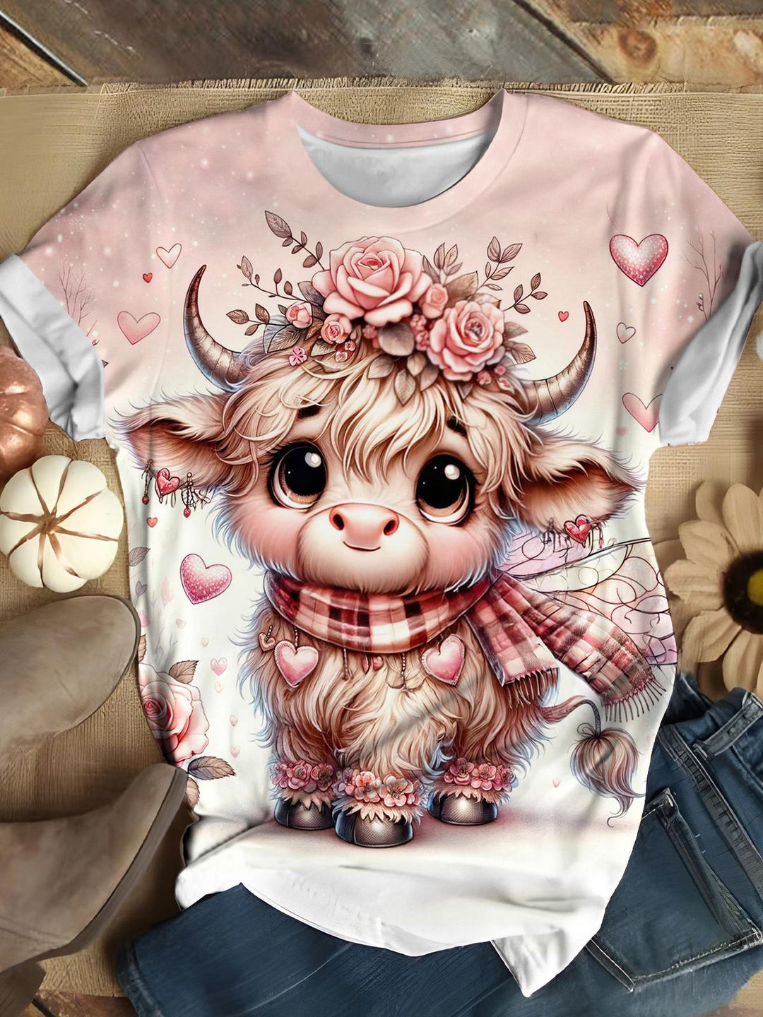 Cute Highland Cow Print Crew Neck T-Shirt