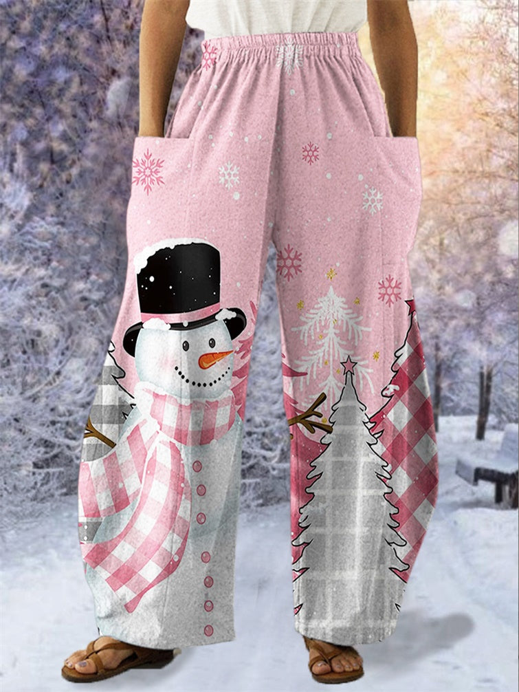 Women's Winter Pink Snowman Print Casual Pants