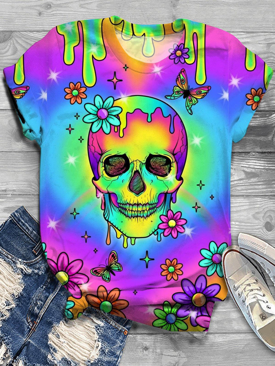 Skull Floral Rainbow Crew Neck T-shirt