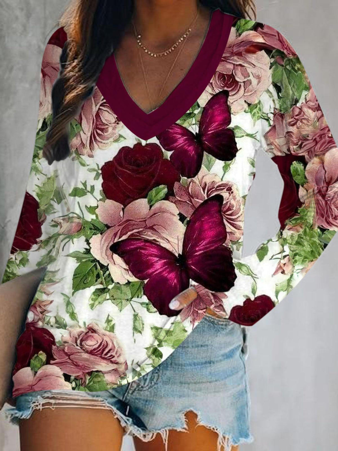 Rose Flower Butterfly Print V-Neck Long Sleeve Top