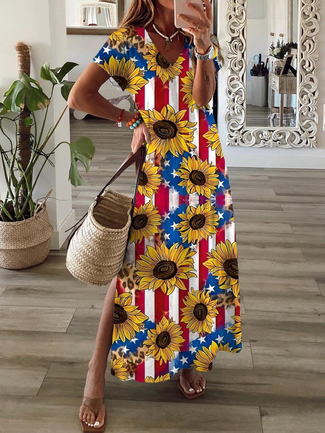 Sunflower Flag Print Short Sleeve V Neck Maxi Dress