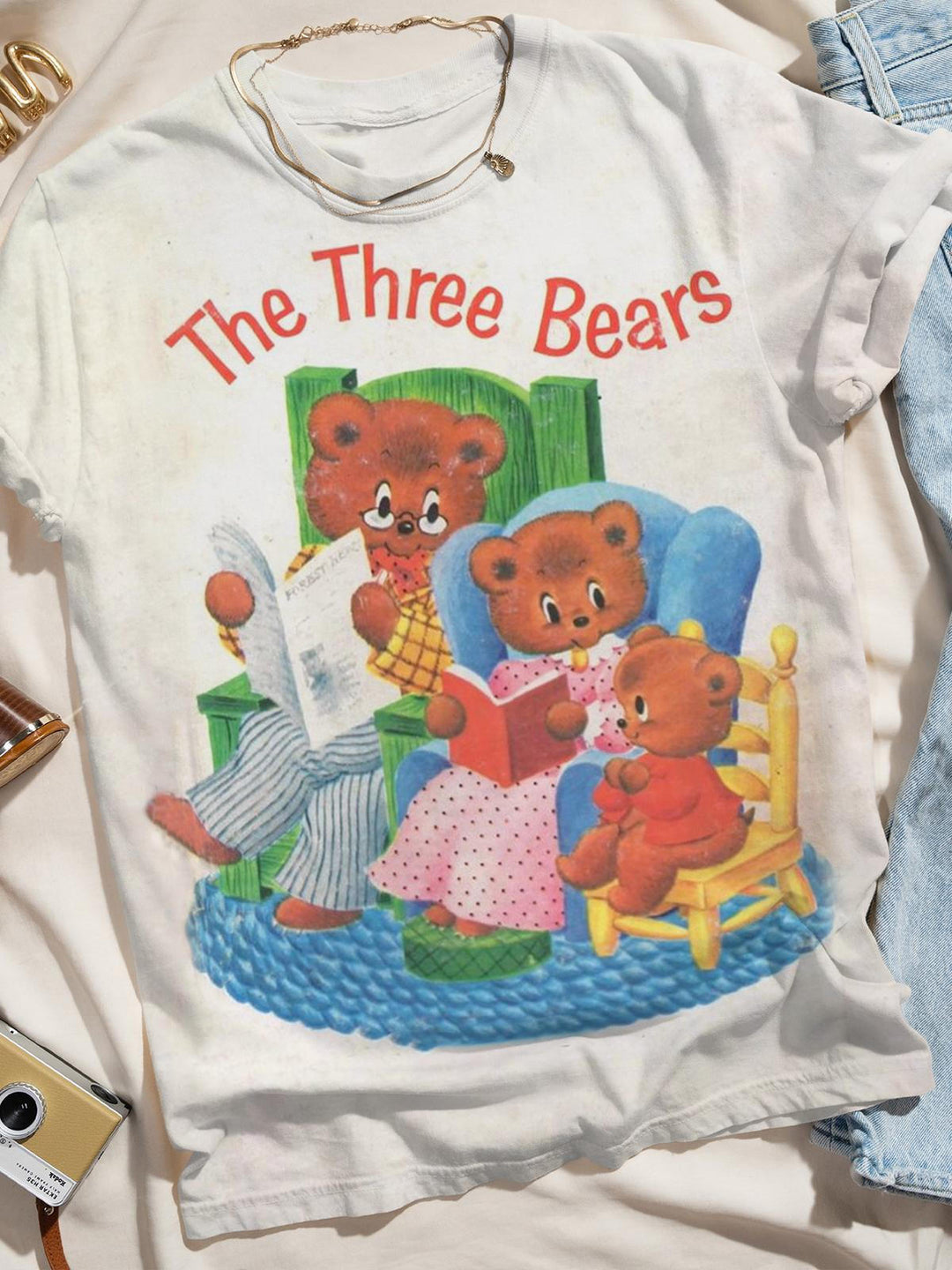 Retro Three Bear Print Crew Neck T-Shirt