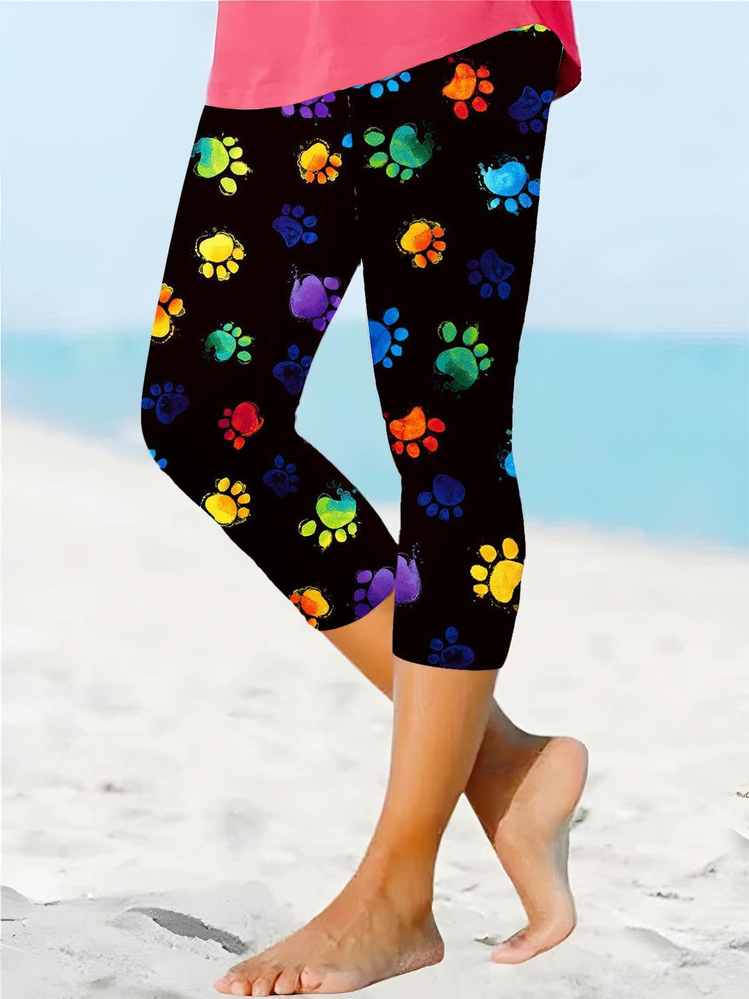 Colorful Dog Paw Print Cropped Leggings