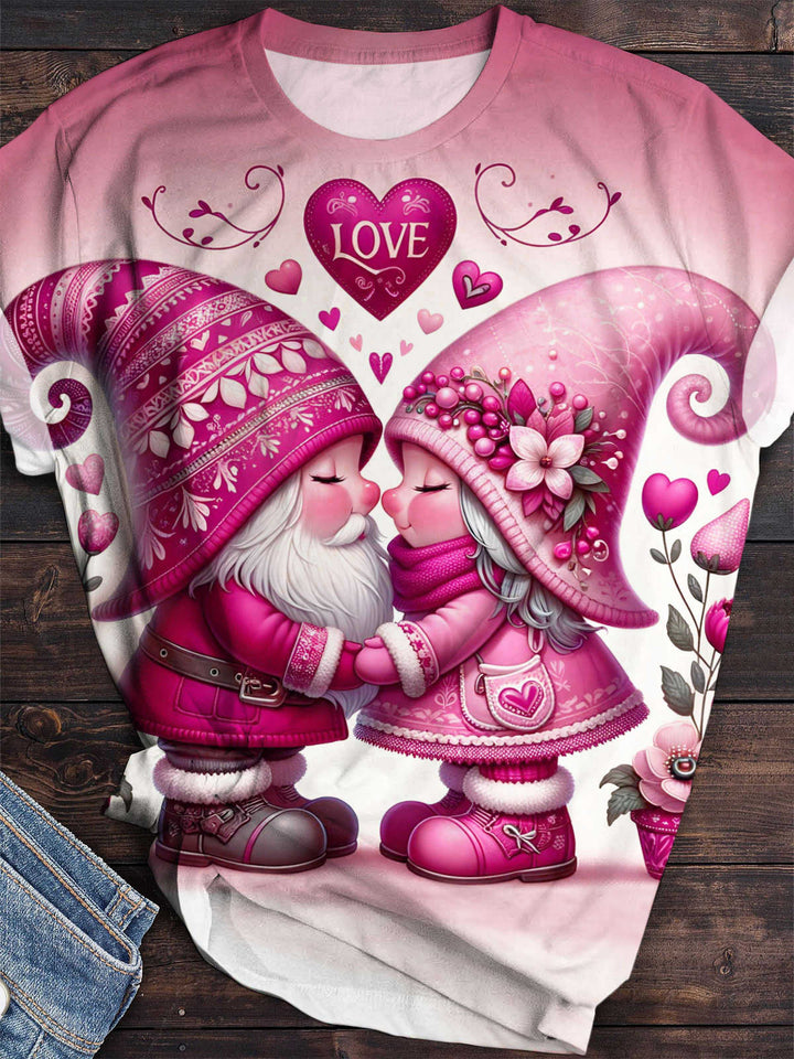 Valentine Love Gnomes Print Crew Neck T-Shirt