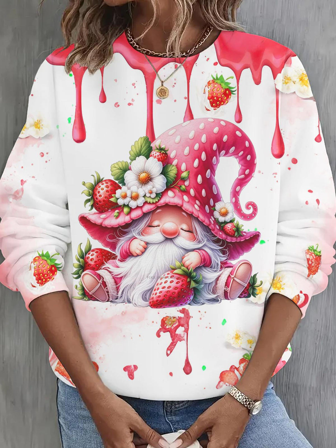 Sleeping Strawberry Gnome Long Sleeve Casual Top