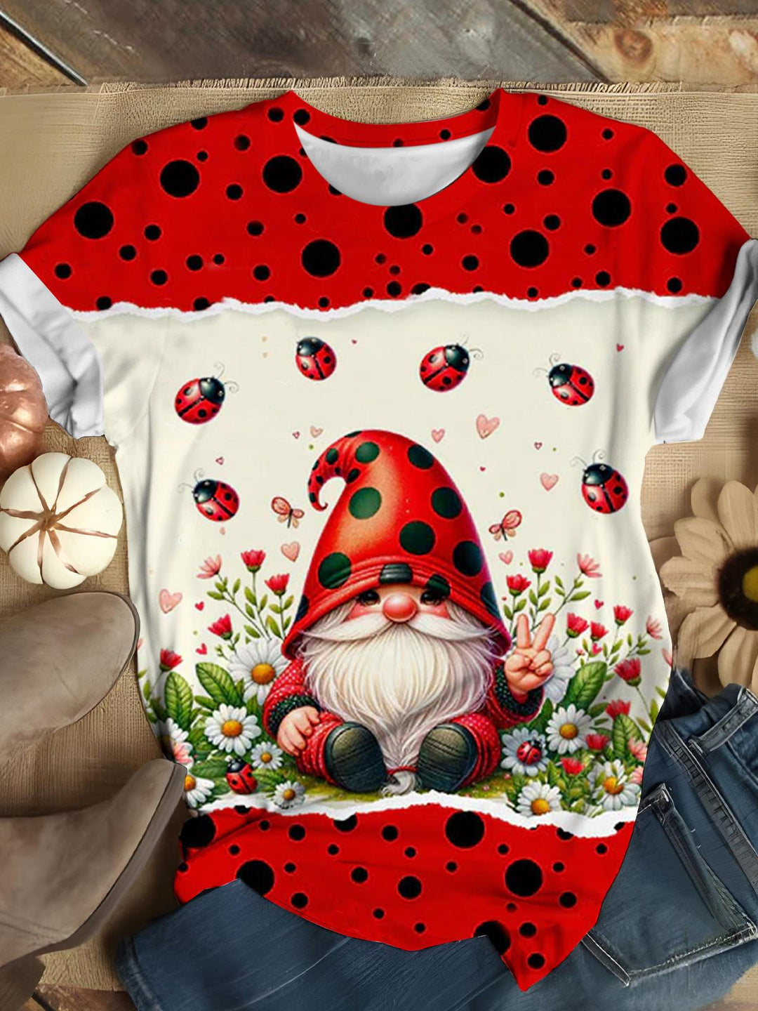 Ladybug Gnome Print Crew Neck T-Shirt