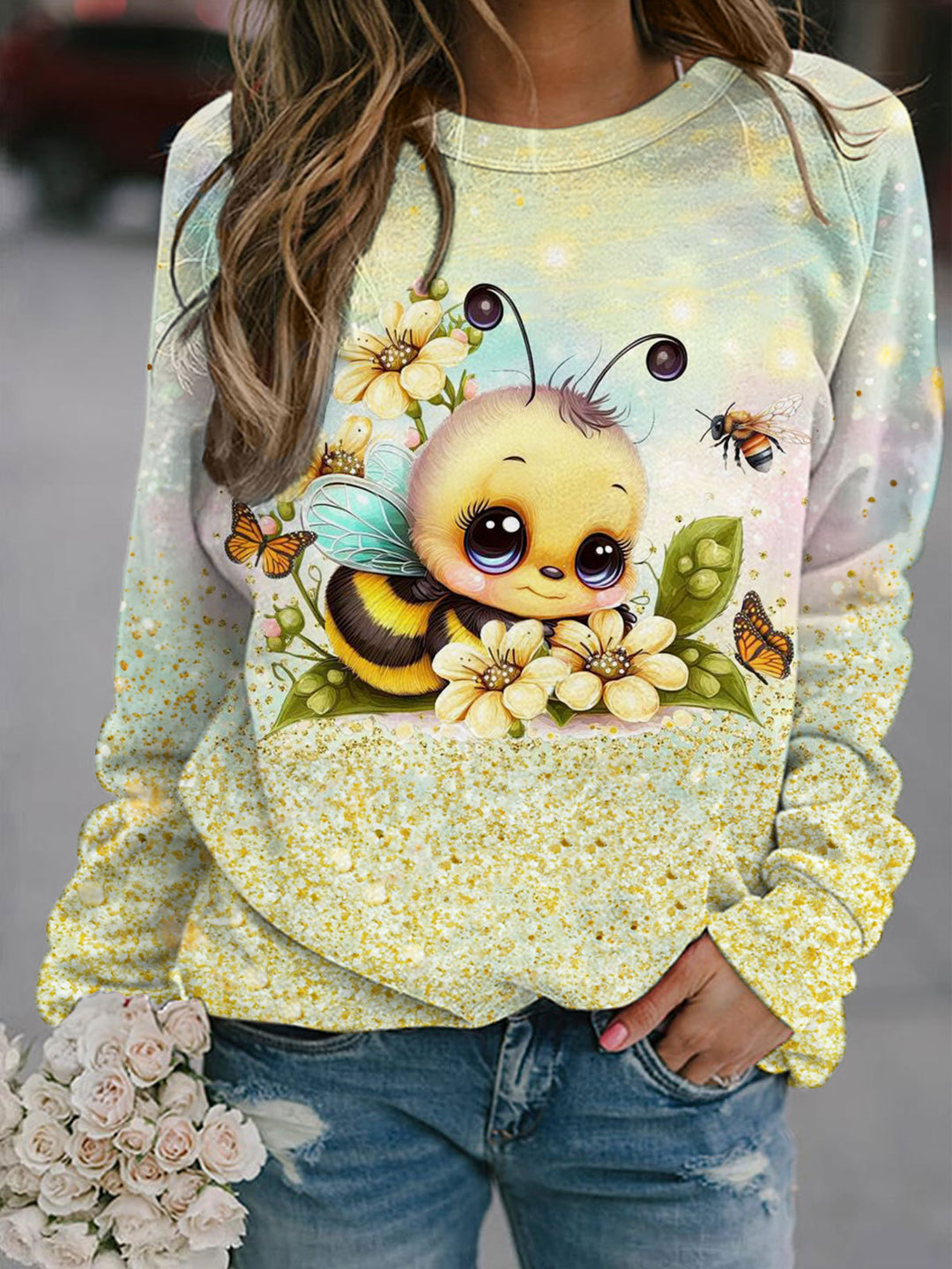 Women's Cute Bee Print Long Sleeve Top