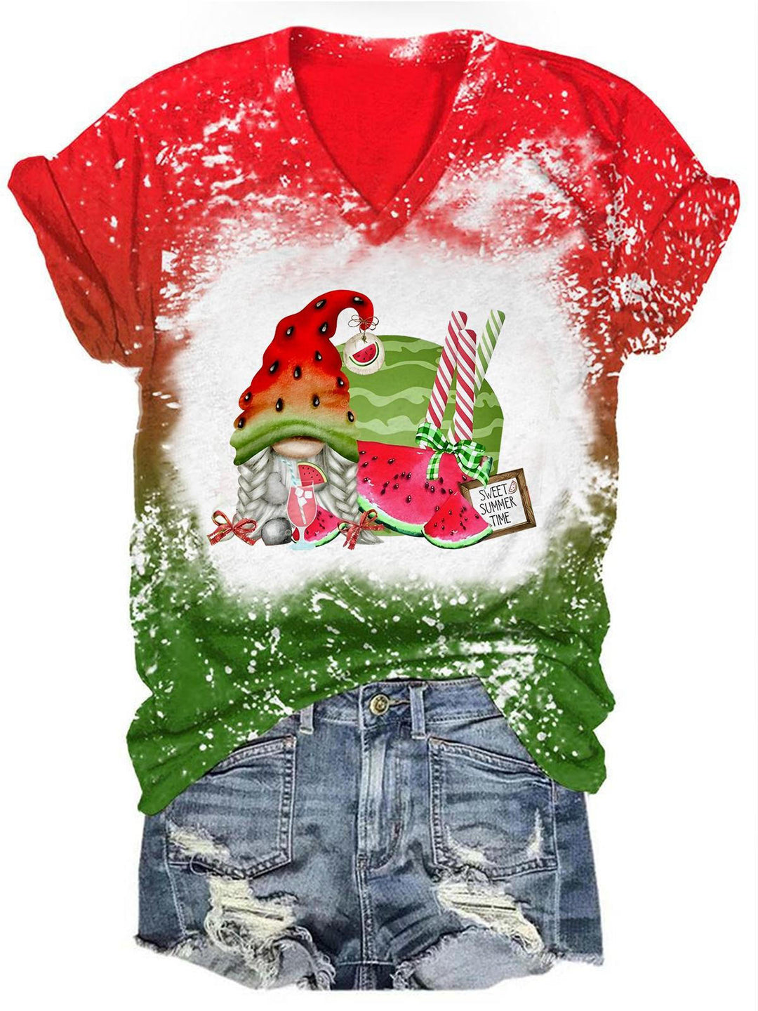 Sweet Summer Watermelon Gnome Tie Dye V Neck T-Shirt