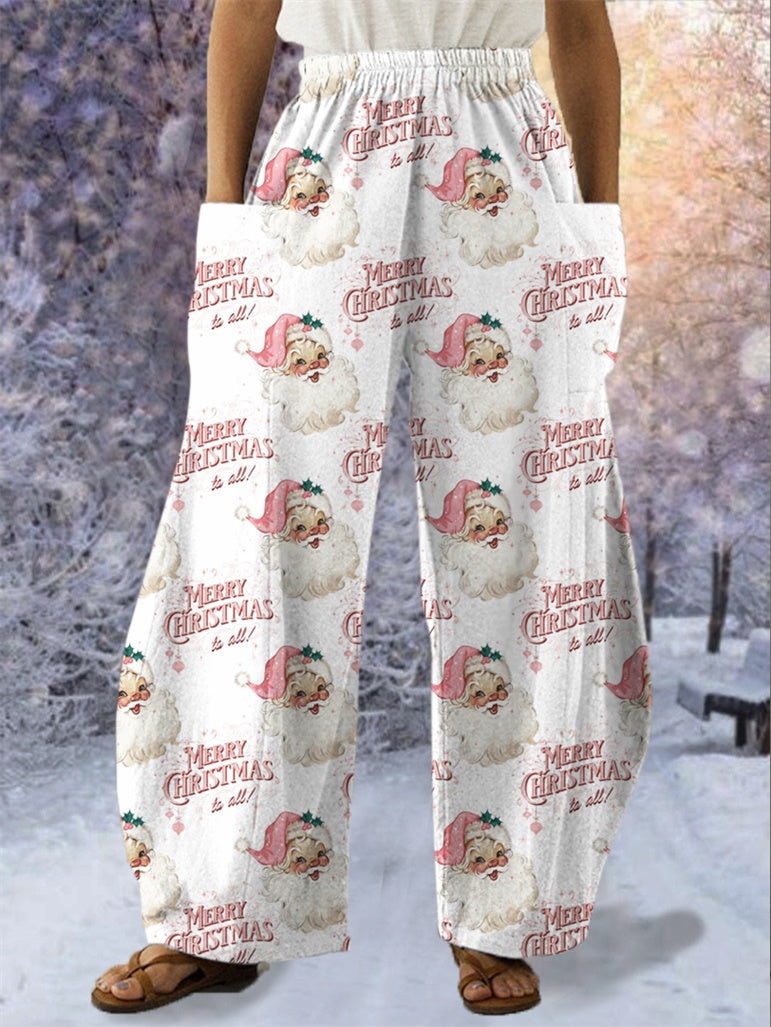 Pink Vintage Christmas Santa Print Casual Pants