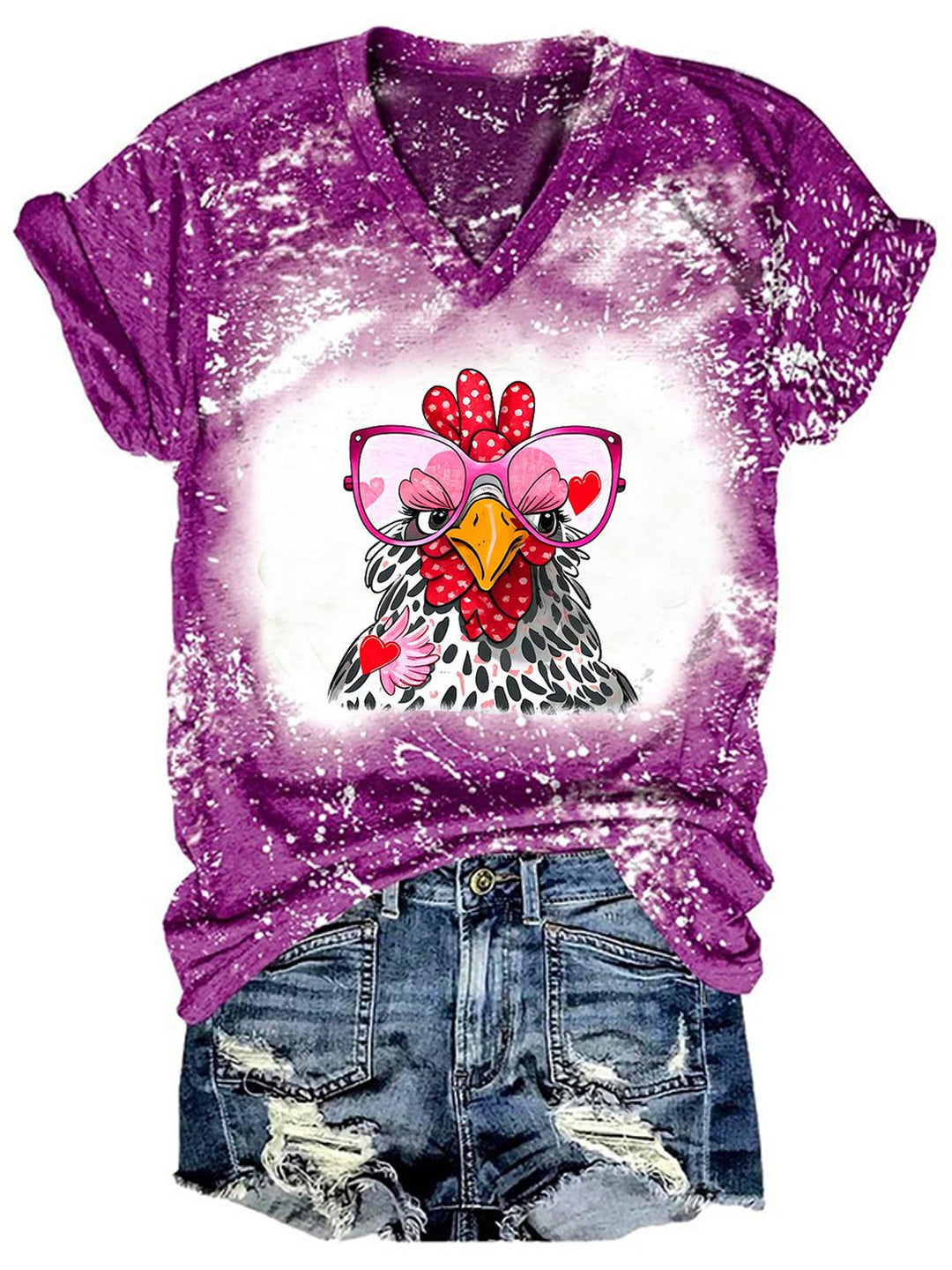 Women's V Neck Tie Dye Funny Chicken Print T-Shirt