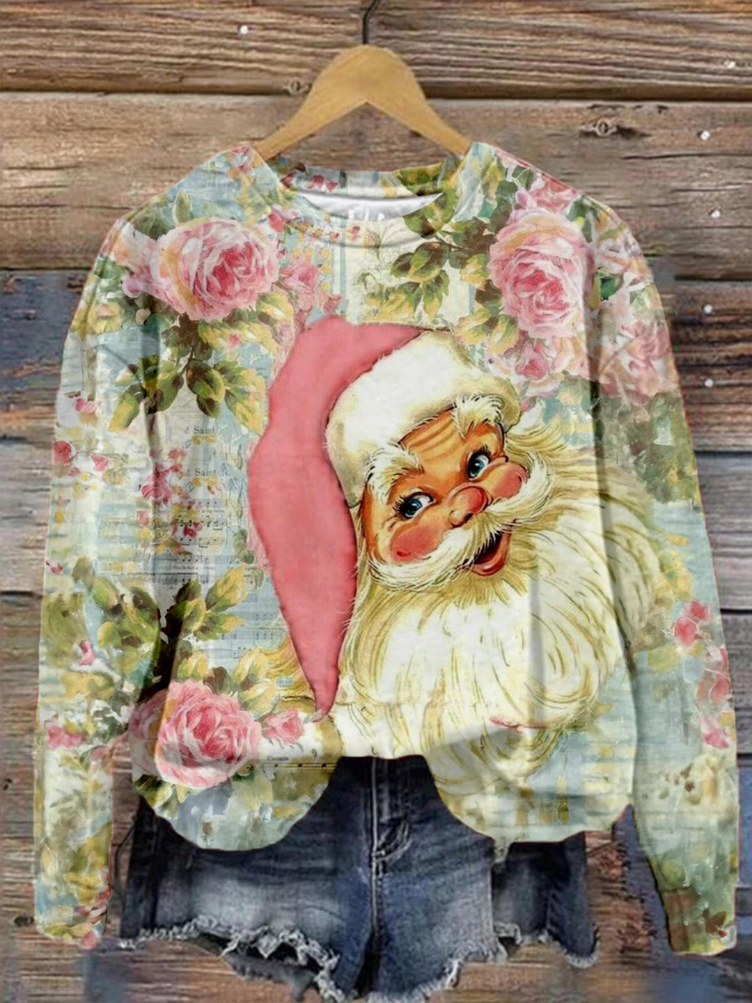 Pink Rose Flower Santa Long Sleeve Top