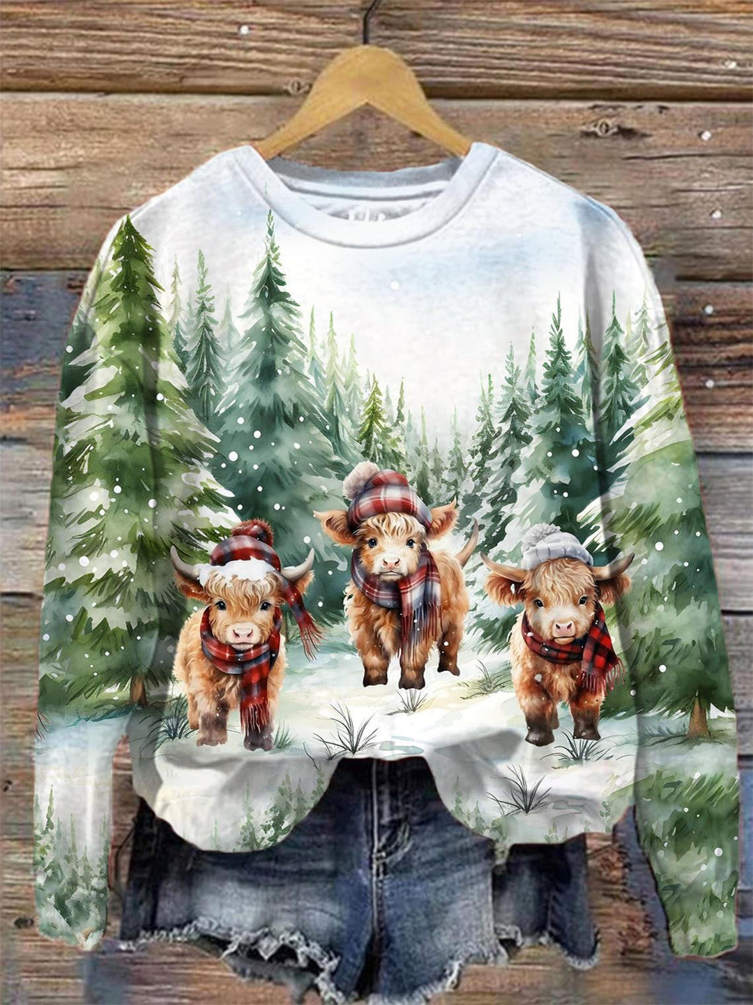 Highland Cow Christmas Print Long Sleeve Top