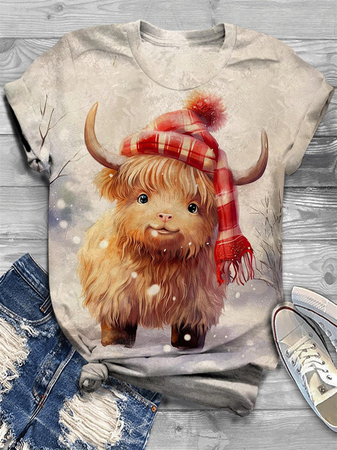 Christmas Hat Cow Print Crew Neck T-Shirt