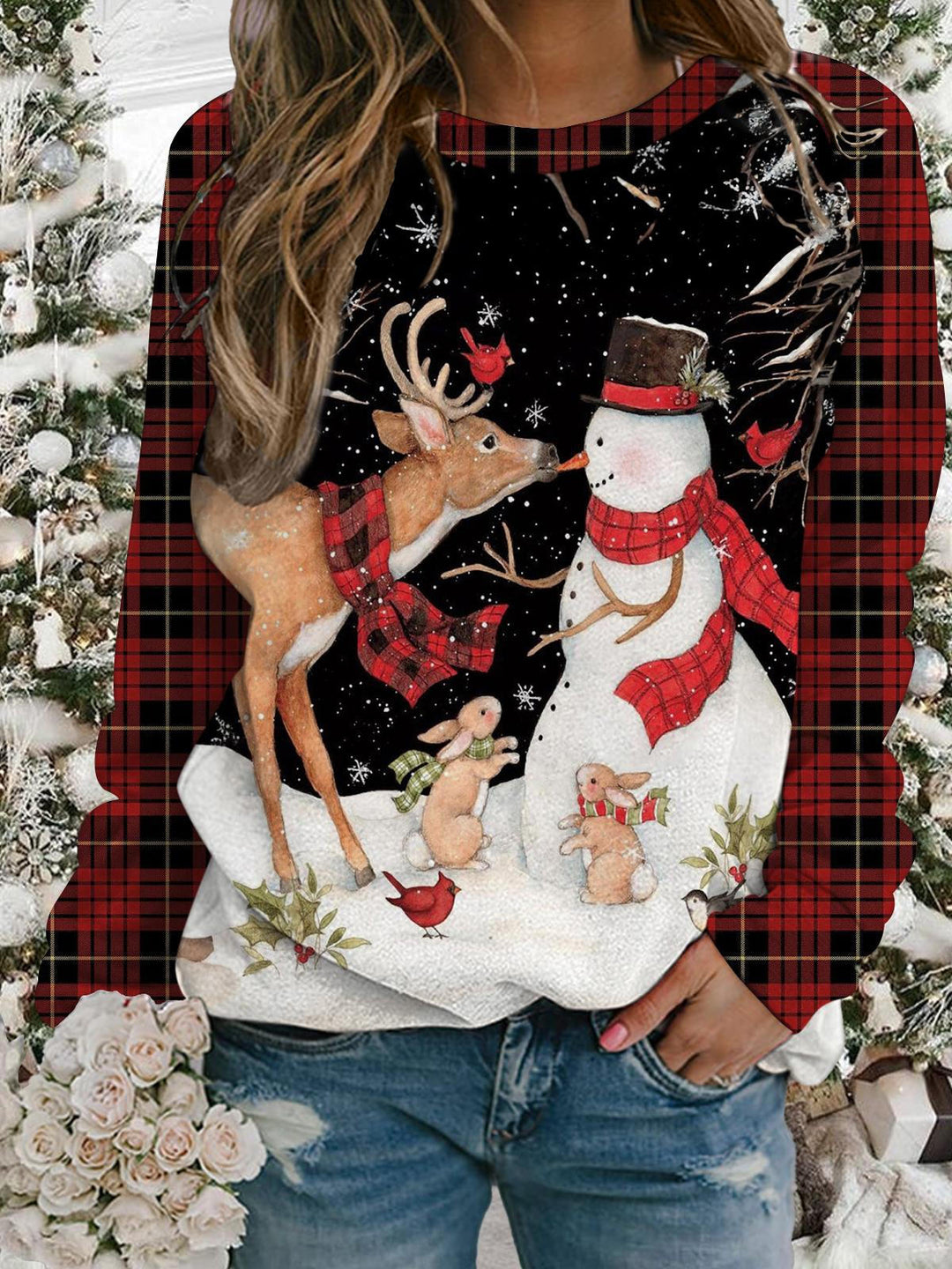 Snowman And Reindeer Plaid Long Sleeve Top