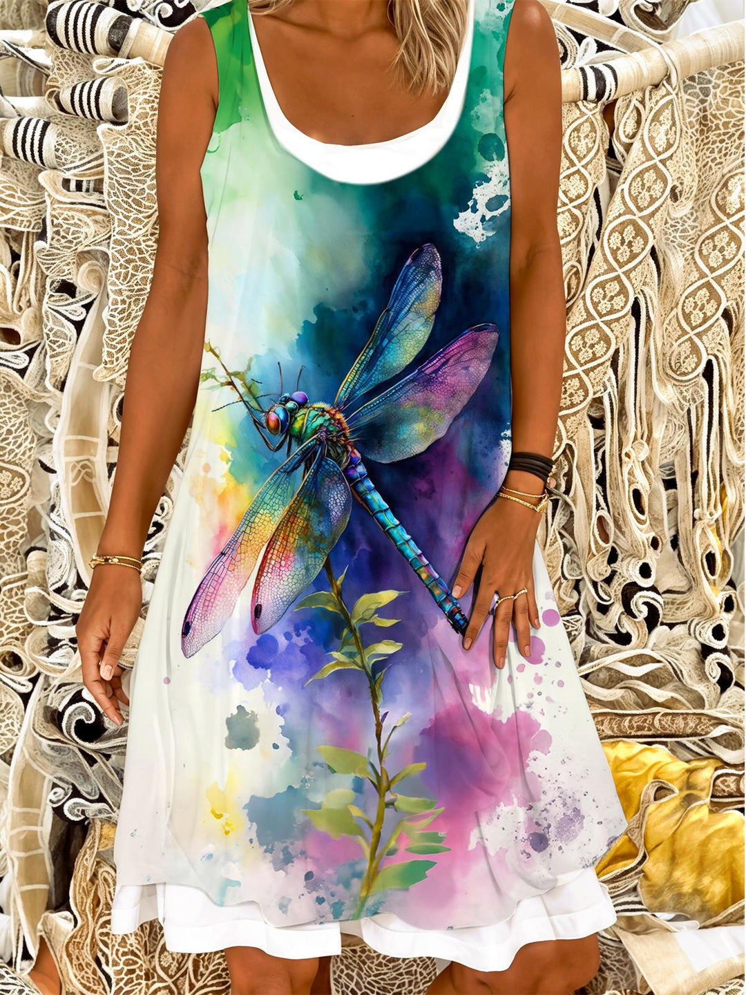 Watercolor Dragonfly Print Ladies False Two Dress