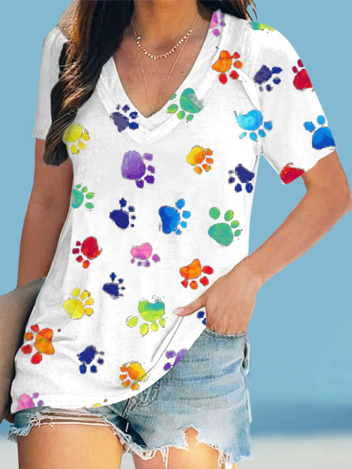 Colorful Dog Paw Print V-Neck Short-Sleeved T-Shirt