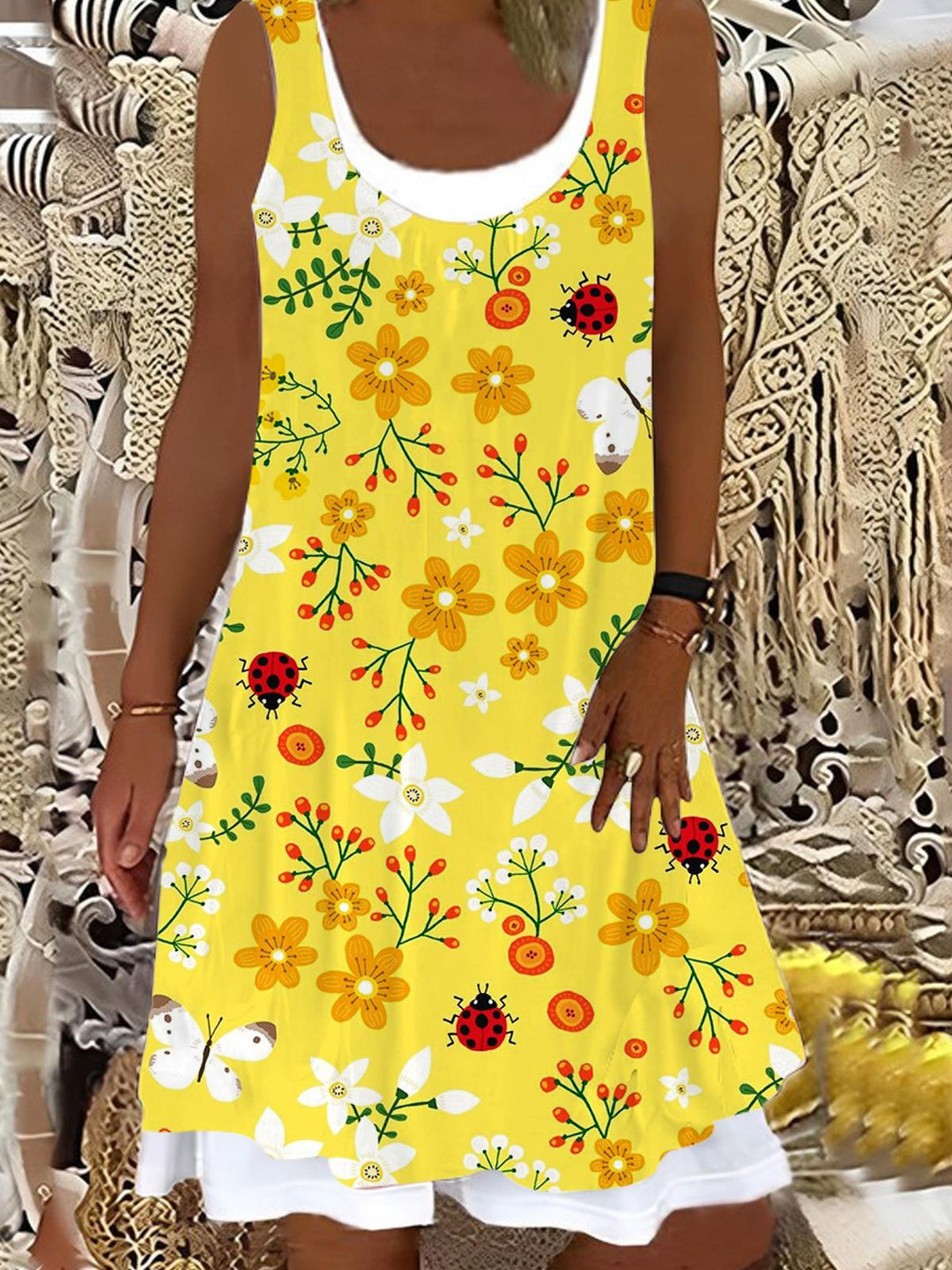 Insect Flowers Ladies False Two Dress
