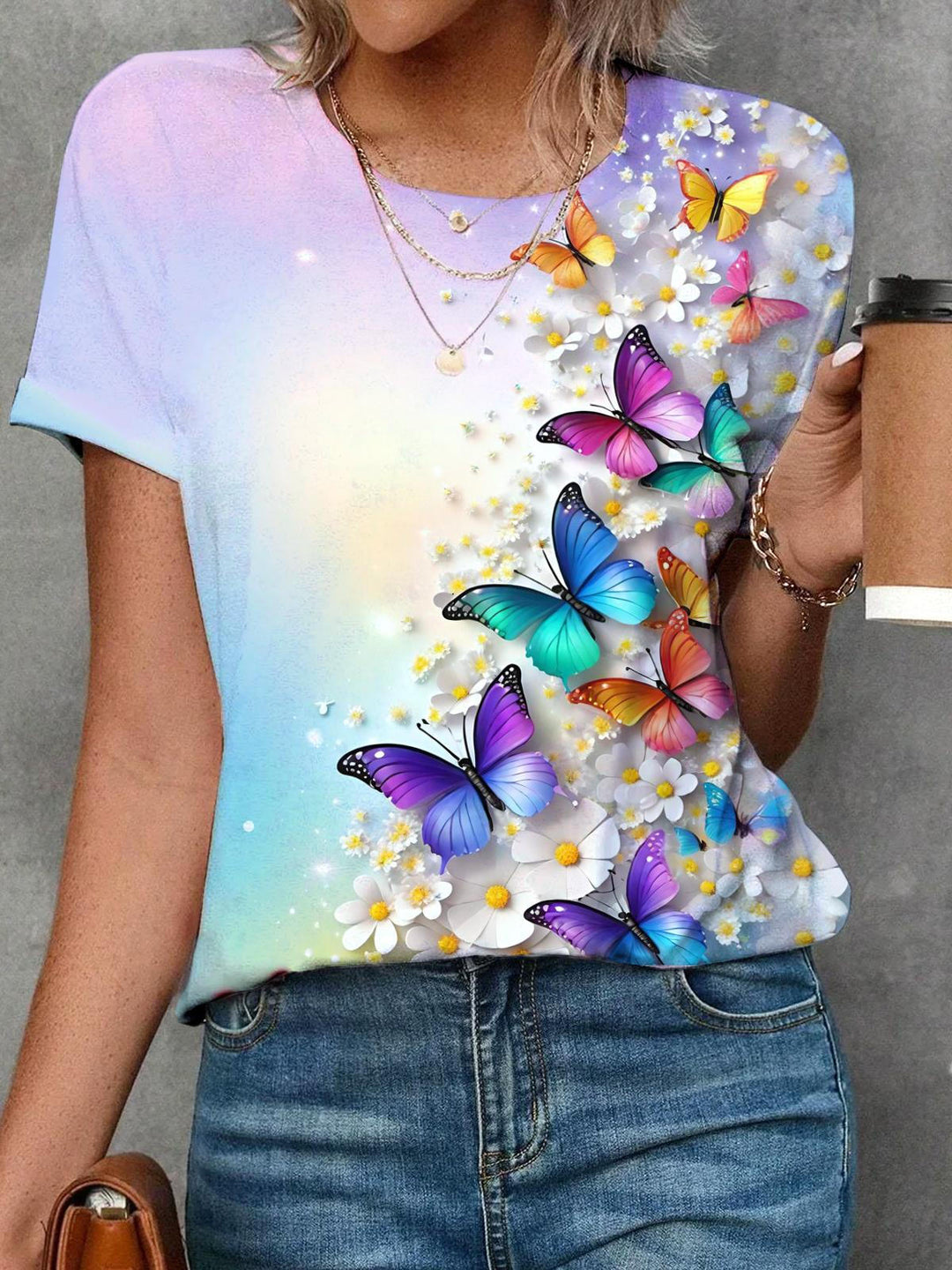 Butterfly And Flower Print Crew Neck T-shirt