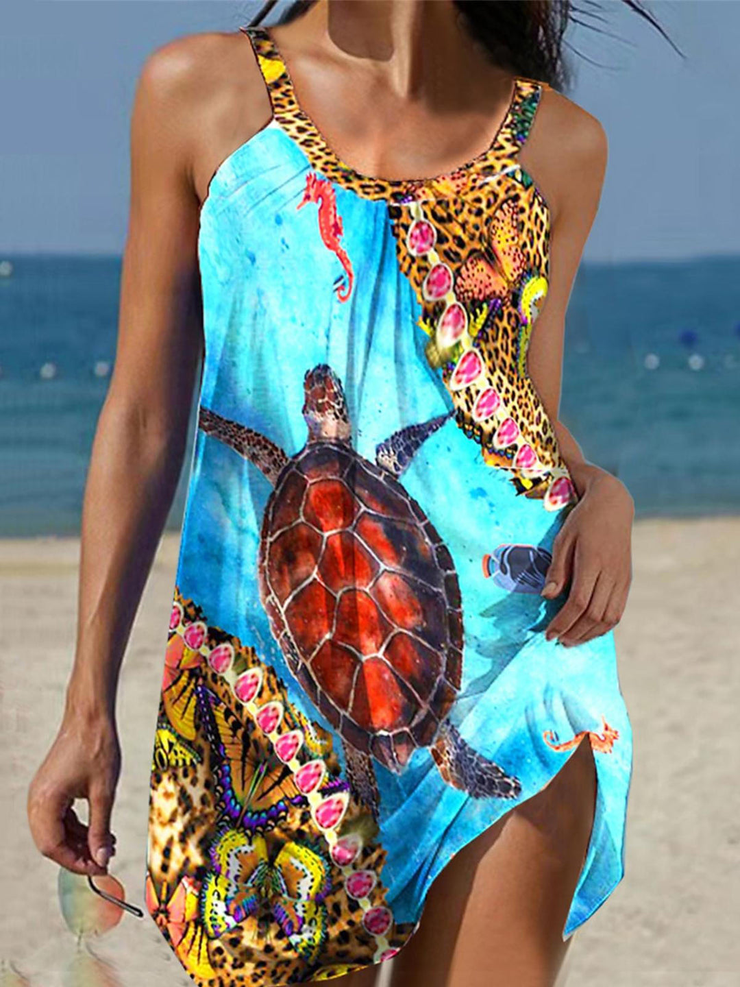 Turtle Seahorse Print Casual Beach Dress
