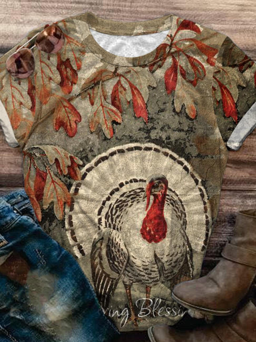 Thanksgiving Turkey Print Vintage T-Shirt