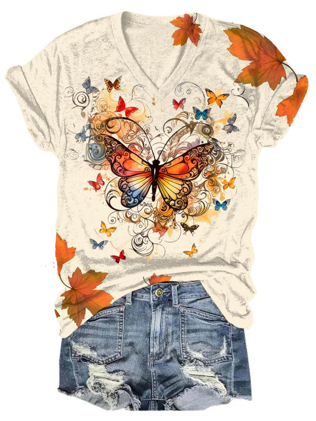 Floral Butterfly Print V Neck T-Shirt