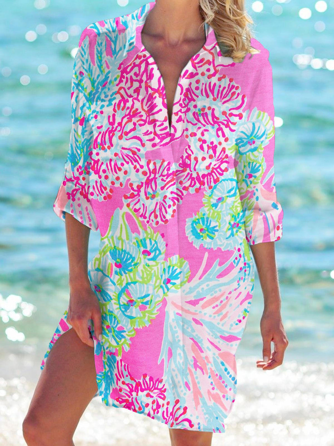 Women's Floral Print Long Sleeve Beach Shirt Dress