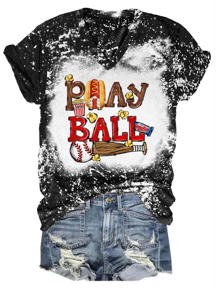 Play Ball Gnome Print Tie Dye V Neck T-Shirt