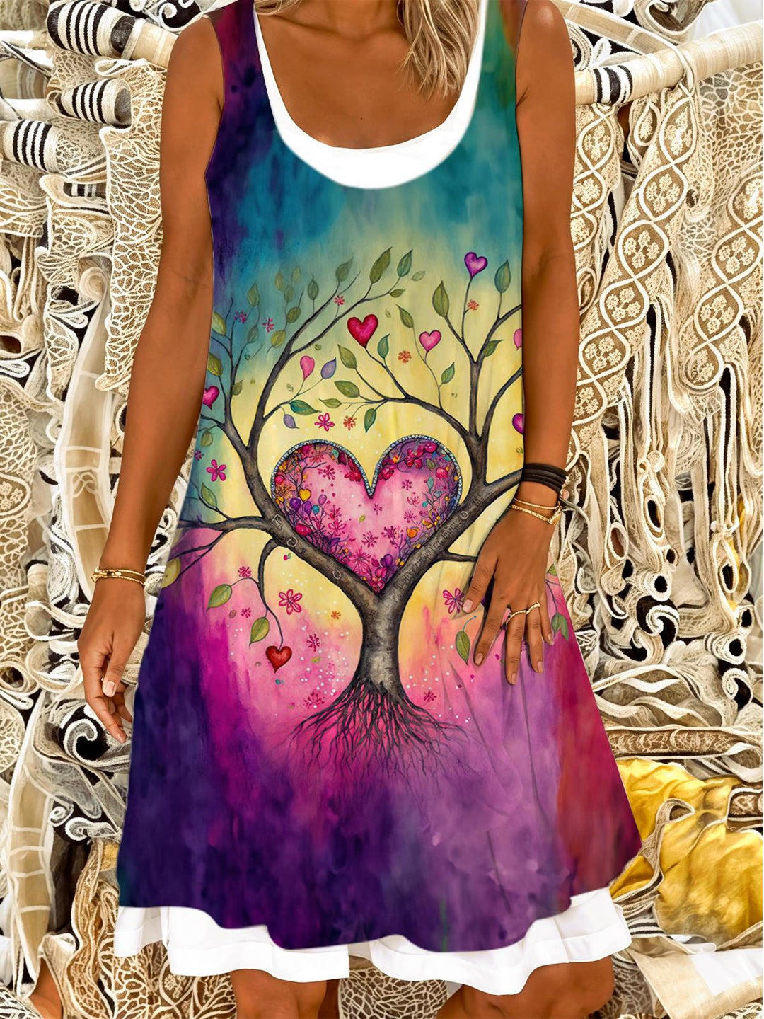 Heart Tree Print Ladies False Two Dress