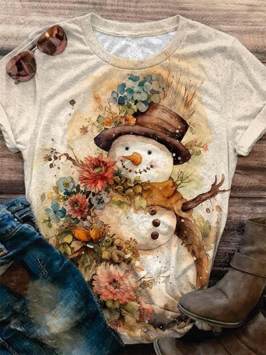 Retro Floral Snowman Crew Neck T-Shirt