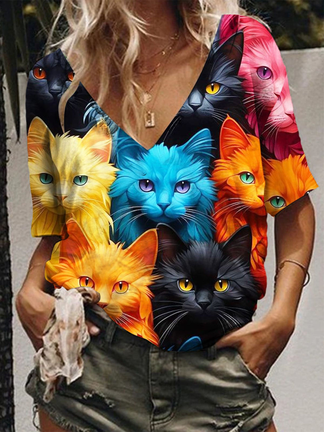 Funny Cat Print V Neck Short Sleeve T-Shirt
