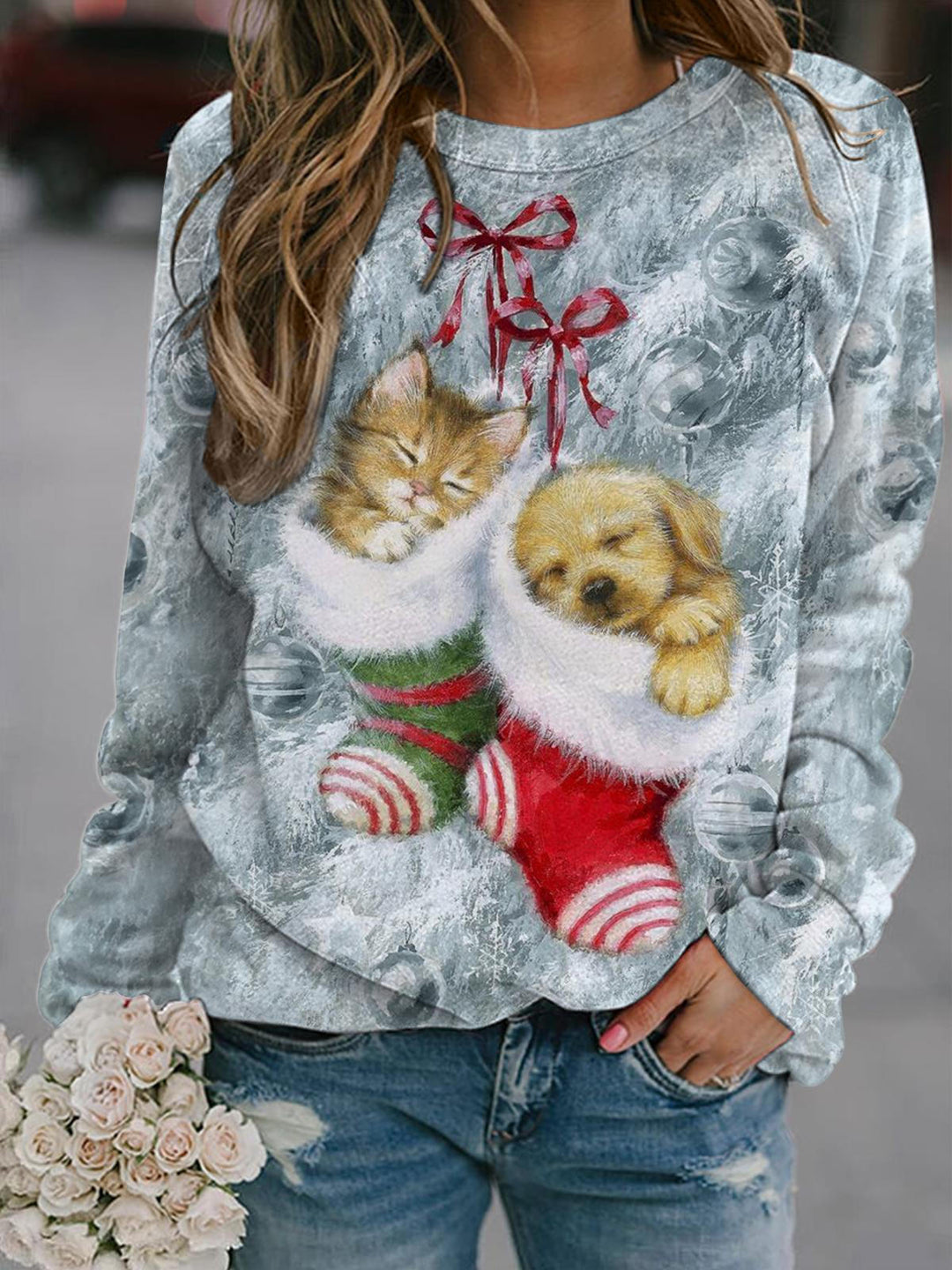 Holiday Sock Kitten Puppy Printed Long Sleeve Top