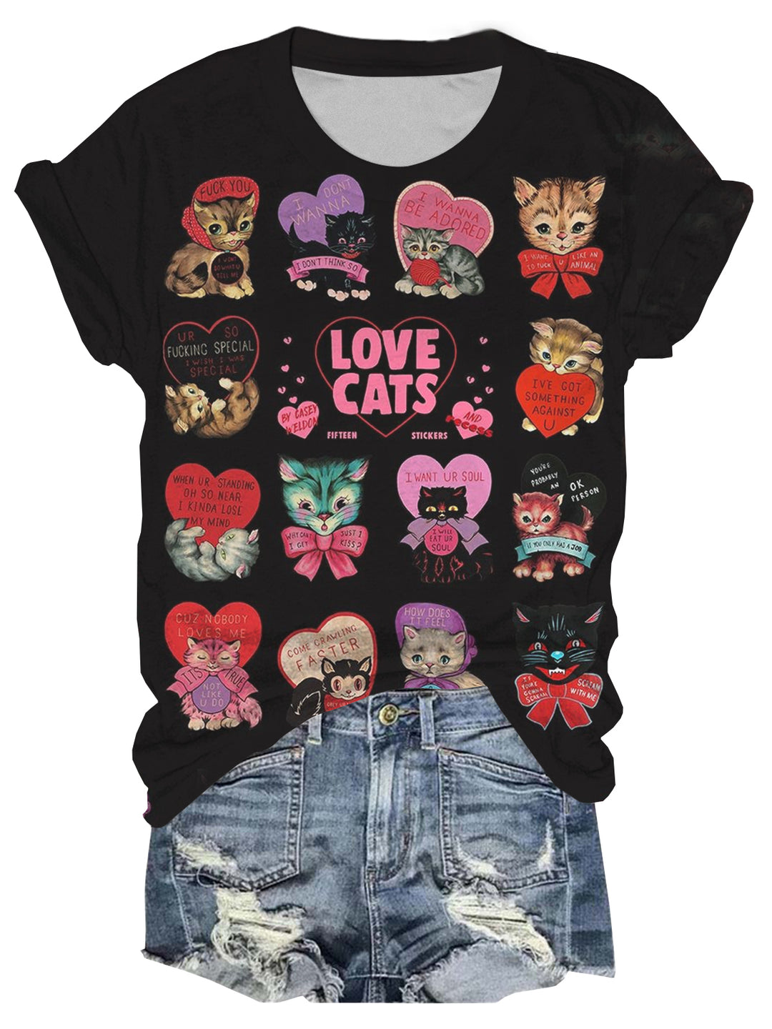 Love Cats Print Crew Neck T-Shirt