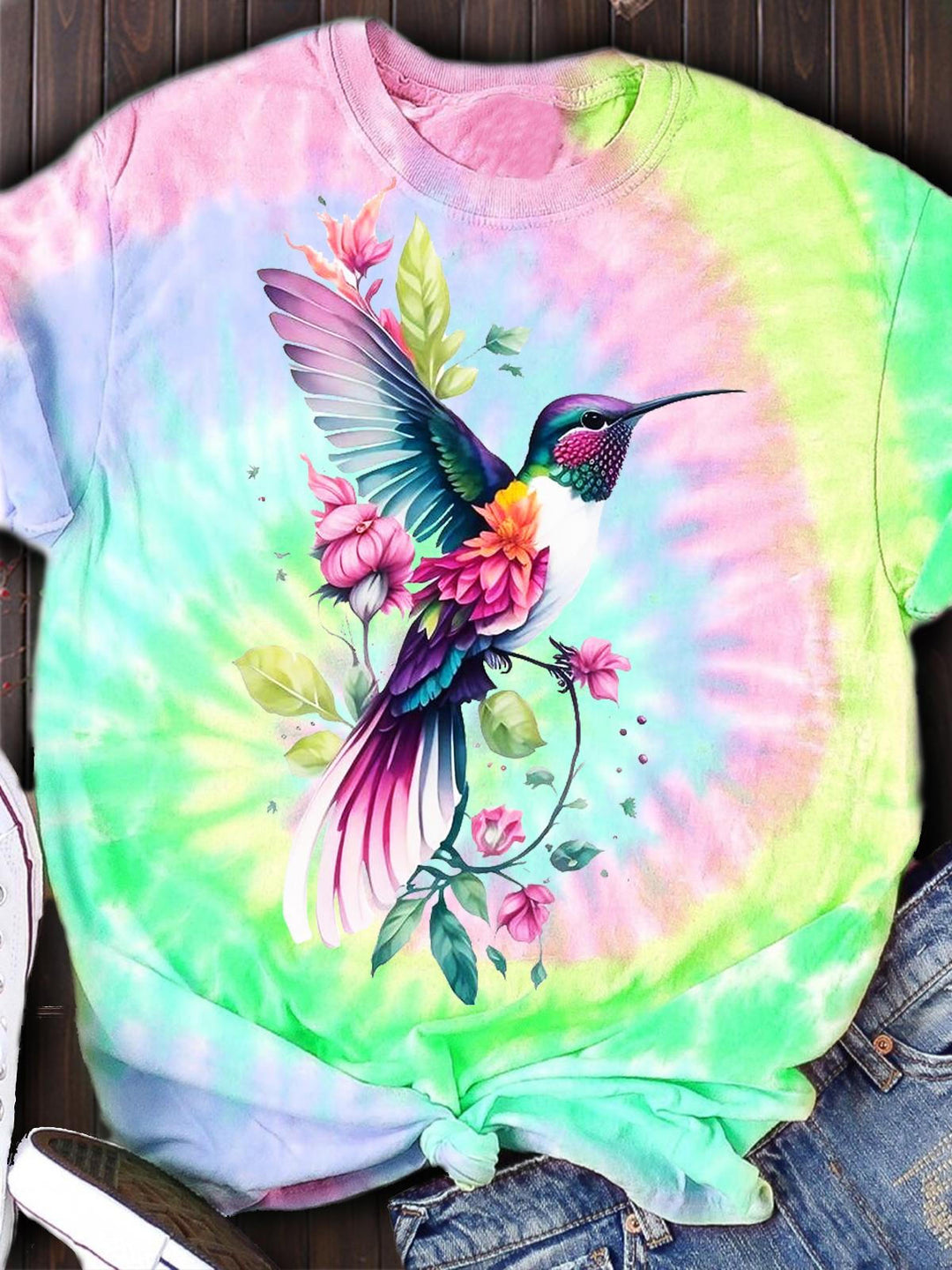 Women's Tie Dye Hummingbird Casual Top