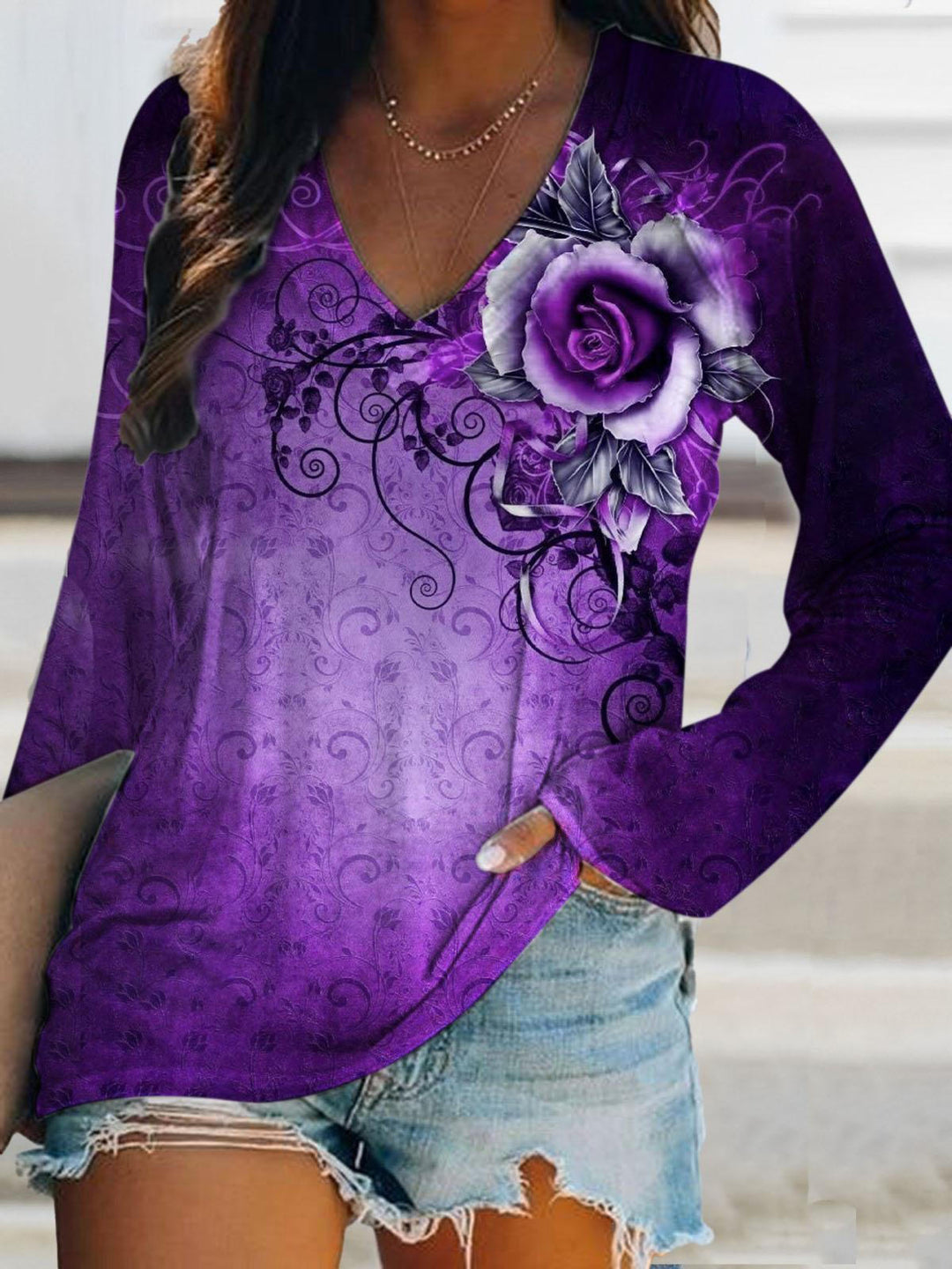 Dark Rose Print V-Neck Long Sleeve T-Shirt