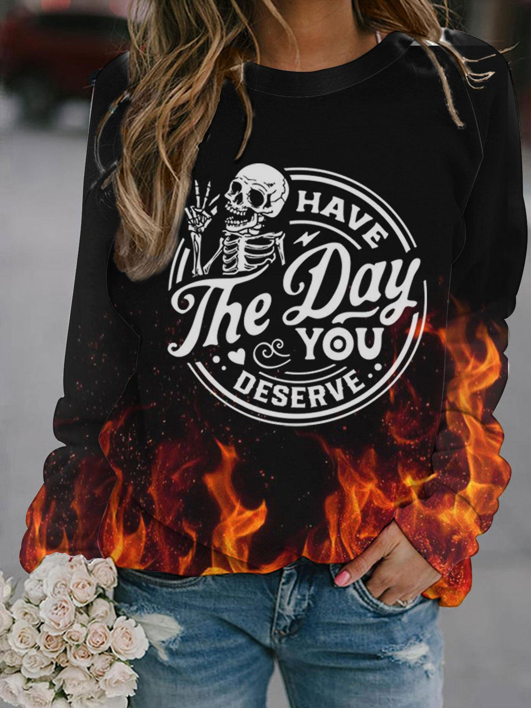 SKULL HAVE THE DAY YOU DESERVE Printed Crew Neck Top