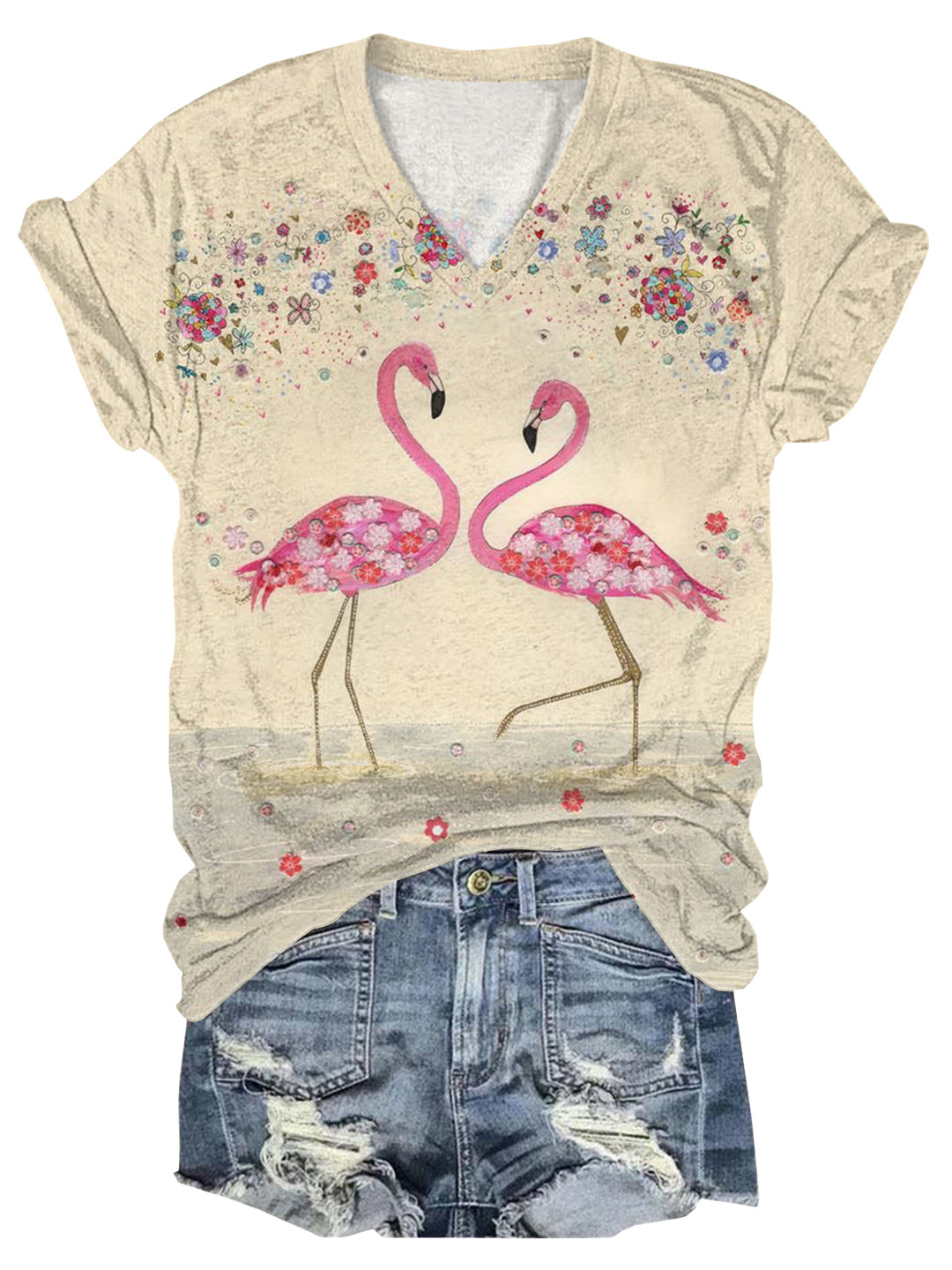 Flamingo V-Neck Short Sleeve T-Shirt